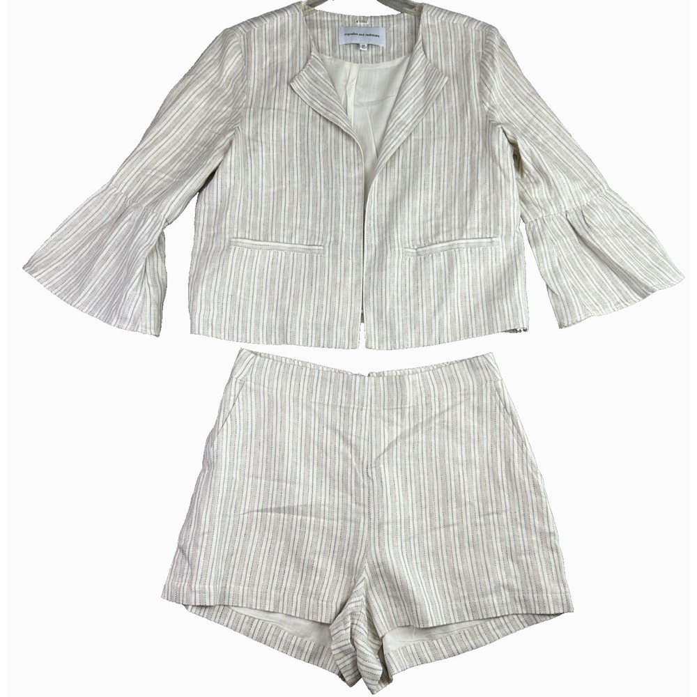 cupcakes & cashmere Cream and Taupe Striped Linen Short and jacket Set
